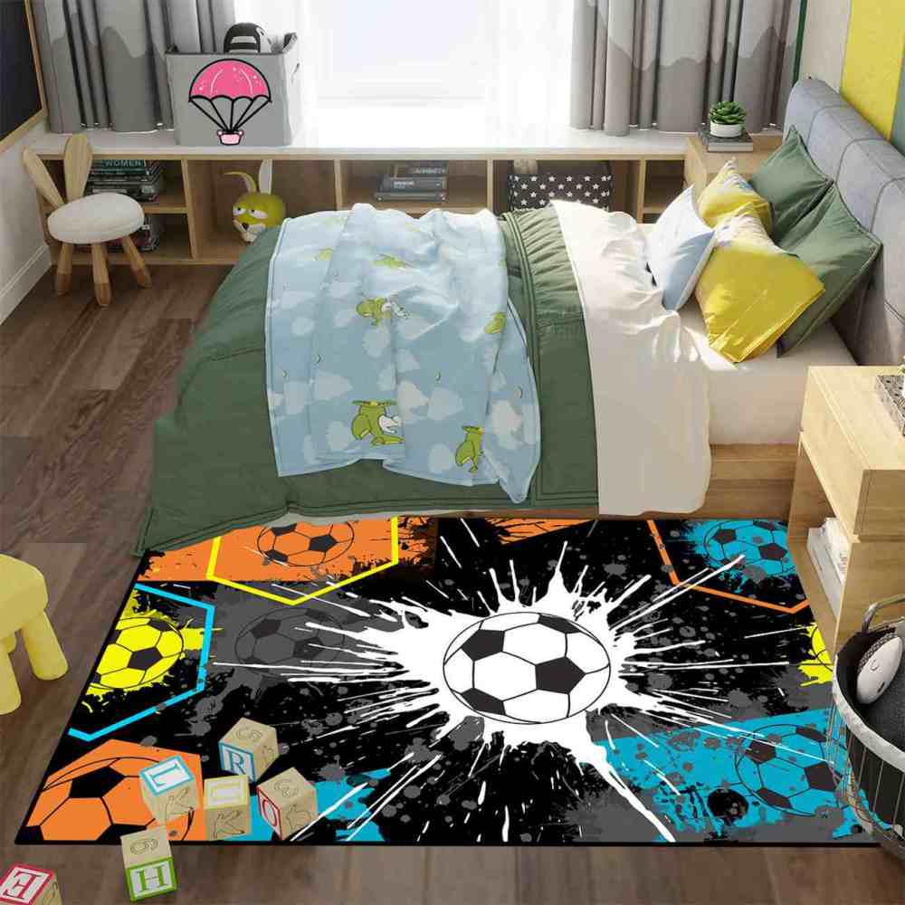 Neon Hexagon Soccer Paint Splatter Boys Playroom Rug | CozyLil