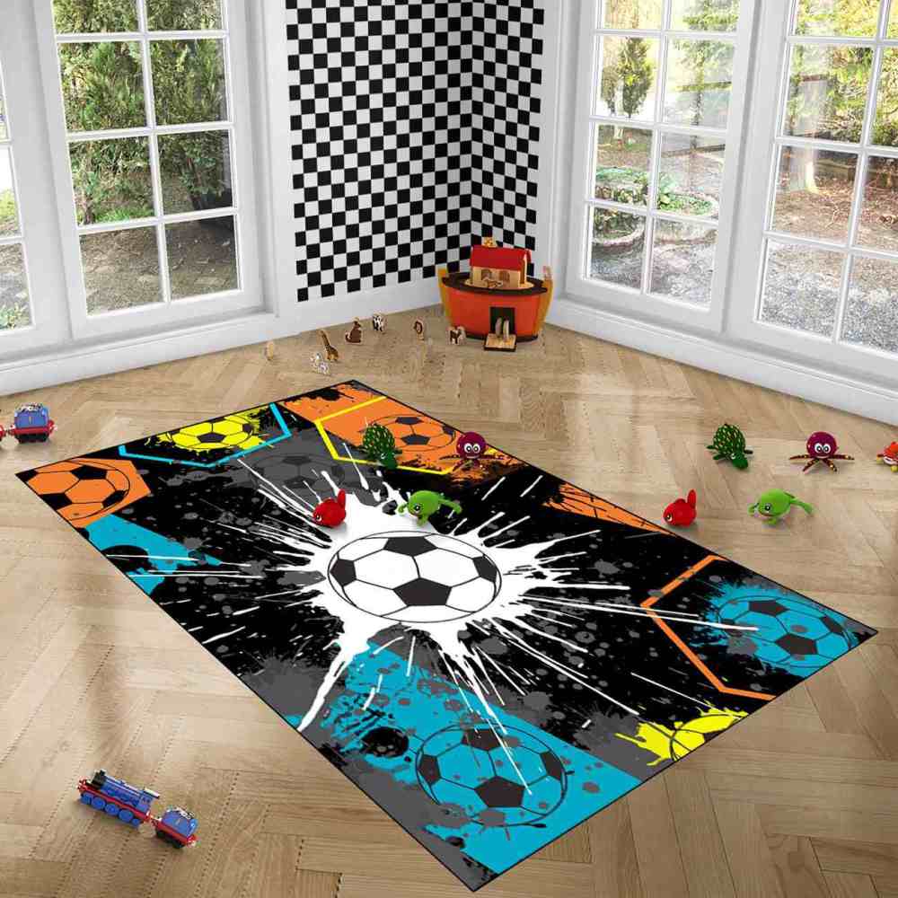 Neon Hexagon Soccer Paint Splatter Boys Playroom Rug | CozyLil