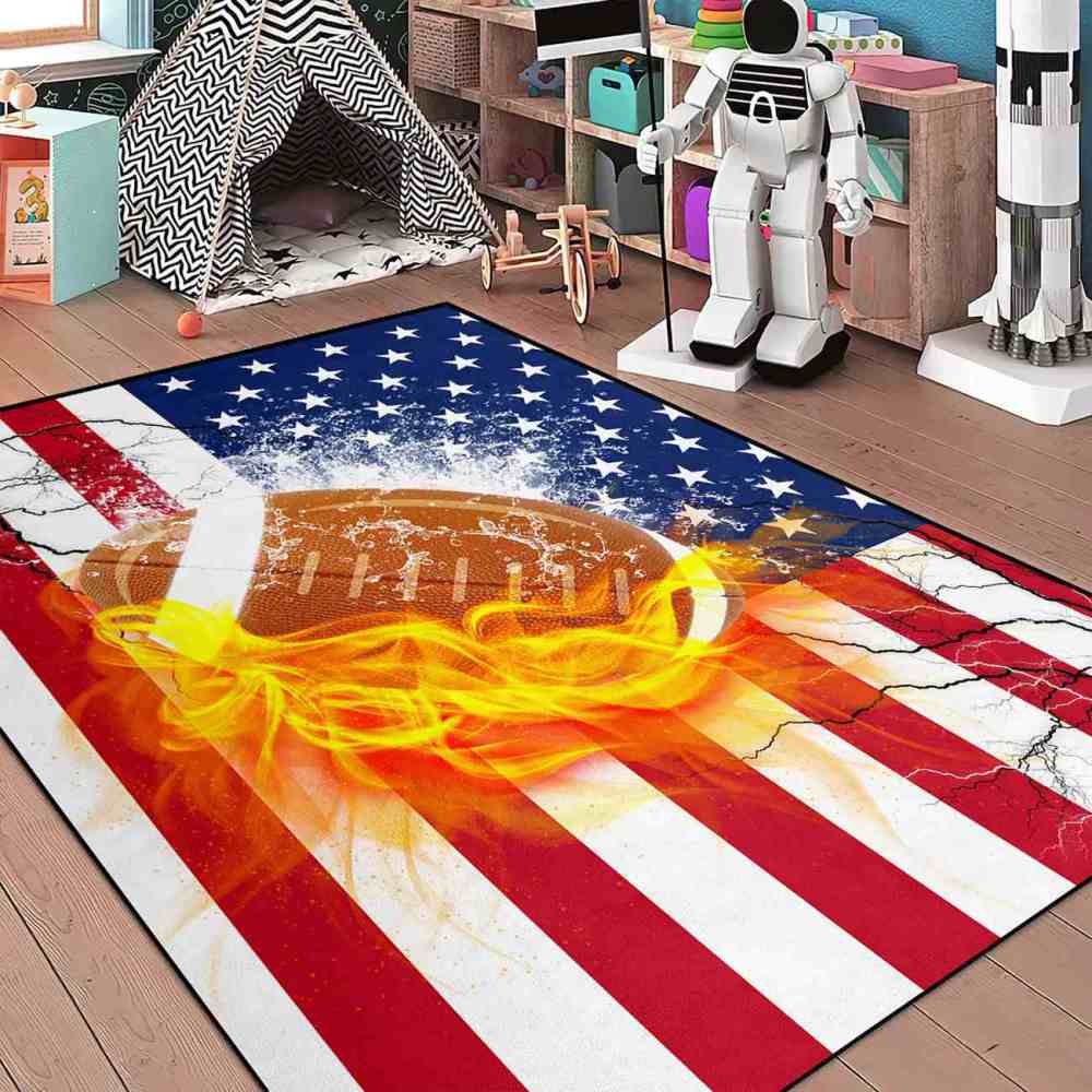 Flaming American Football Flag Gamer Room Area Rug | CozyLil