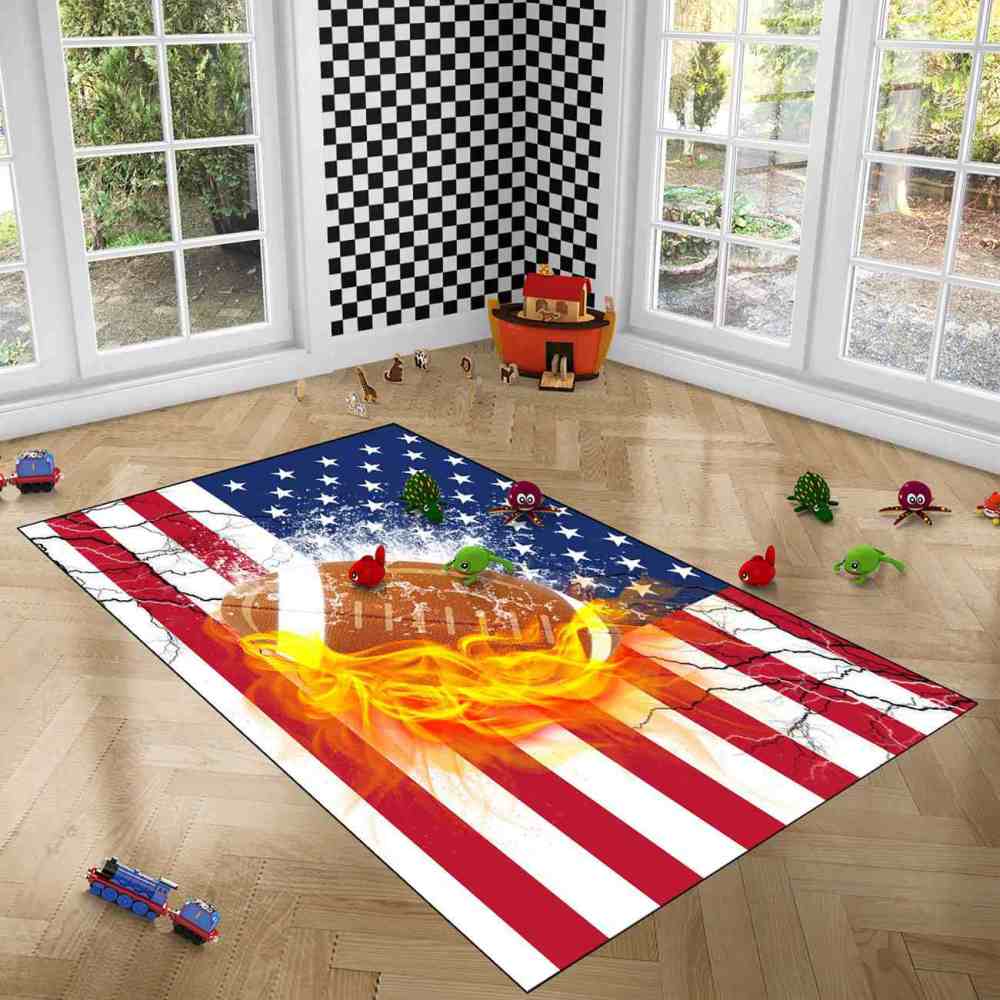 Flaming American Football Flag Gamer Room Area Rug | CozyLil