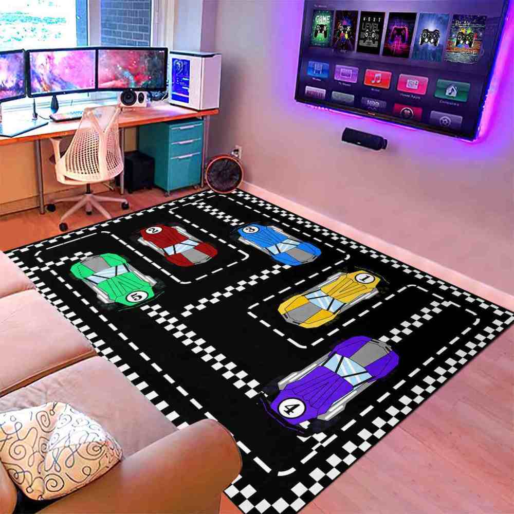Checkered Race Car Track Gamer Room Rug Upgrade Ultra Non-Slip | CozyLil