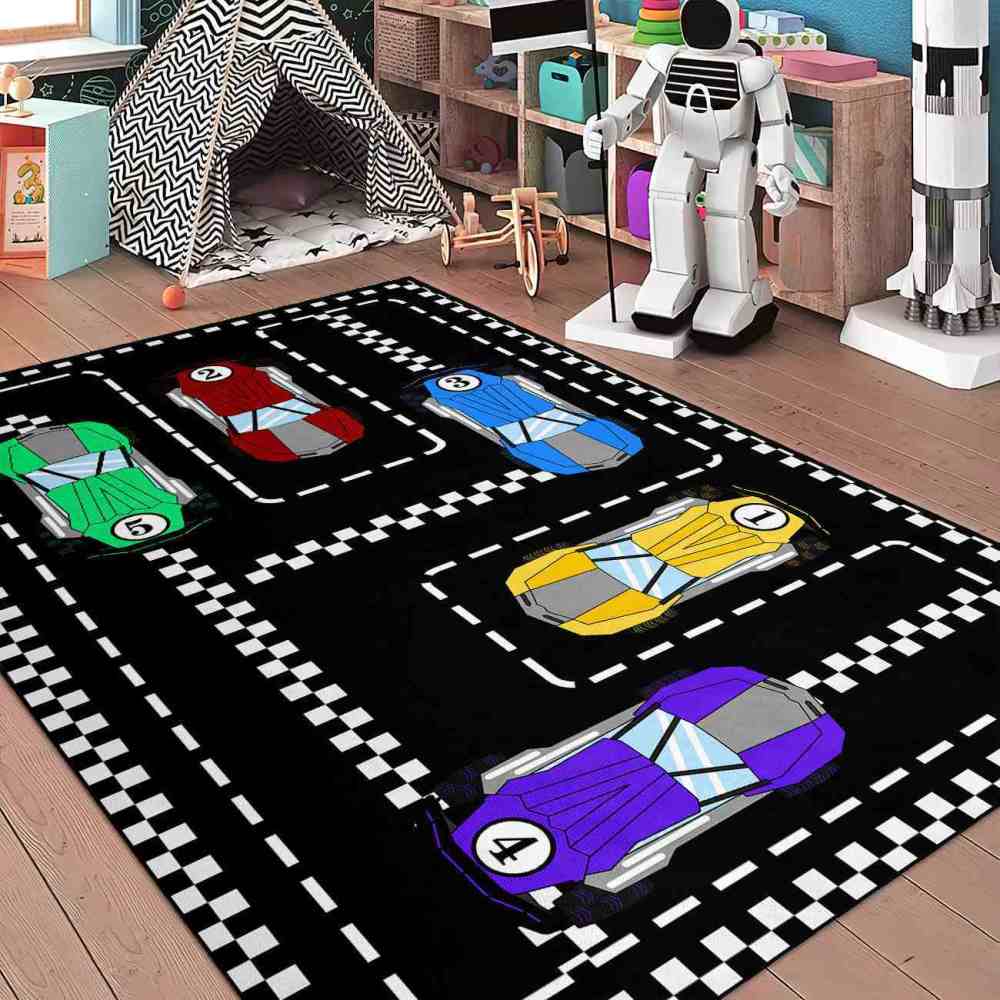Checkered Race Car Track Gamer Room Rug Upgrade Ultra Non-Slip | CozyLil