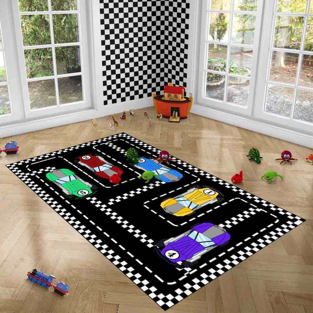 Checkered Race Car Track Gamer Room Rug Upgrade Ultra Non-Slip | CozyLil