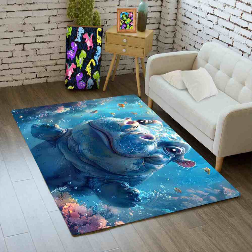 Happy Baby Hippo Underwater Reef Kids Rug | Upgrade Non-Slip | CozyLil