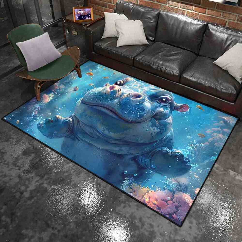 Happy Baby Hippo Underwater Reef Kids Rug | Upgrade Non-Slip | CozyLil