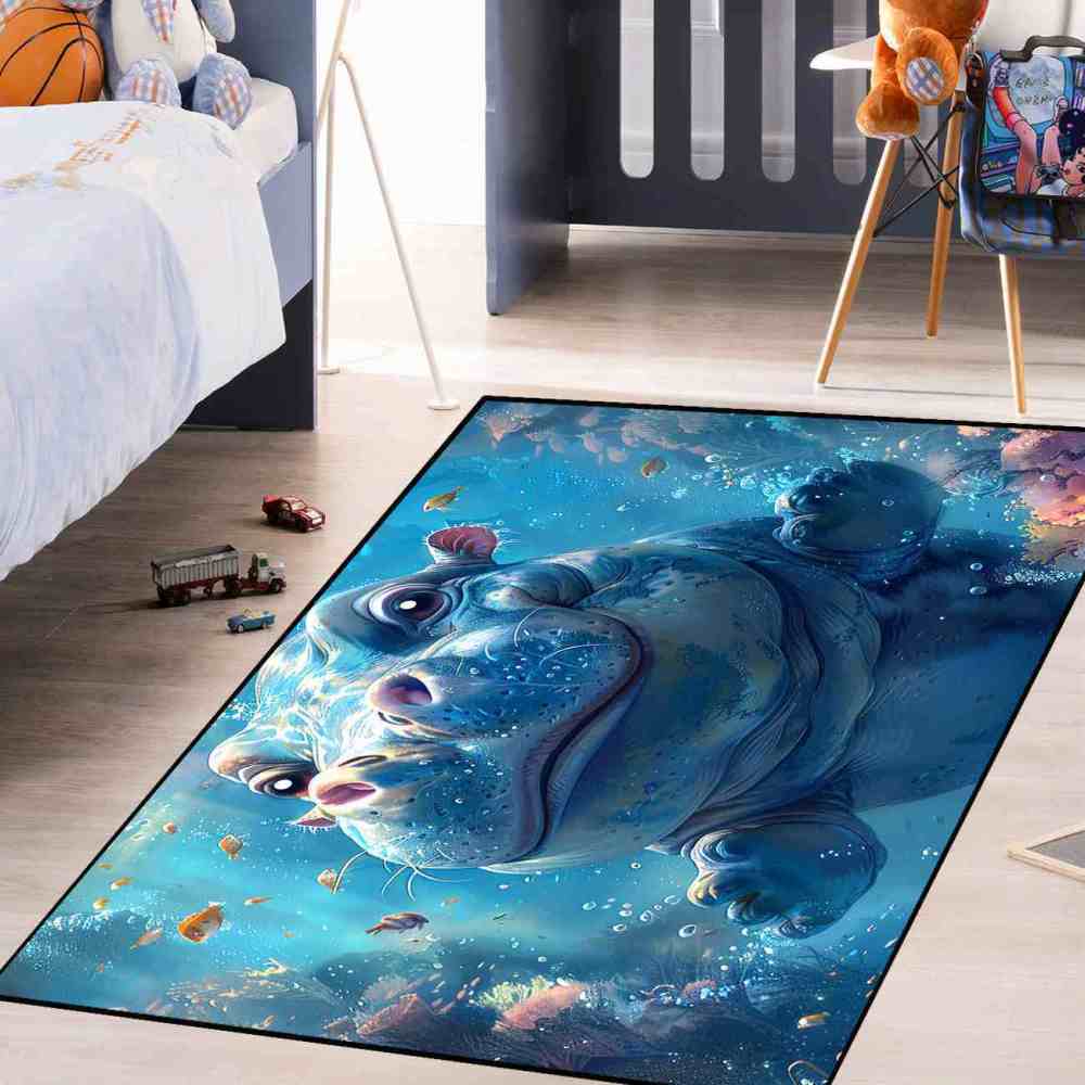 Happy Baby Hippo Underwater Reef Kids Rug | Upgrade Non-Slip | CozyLil