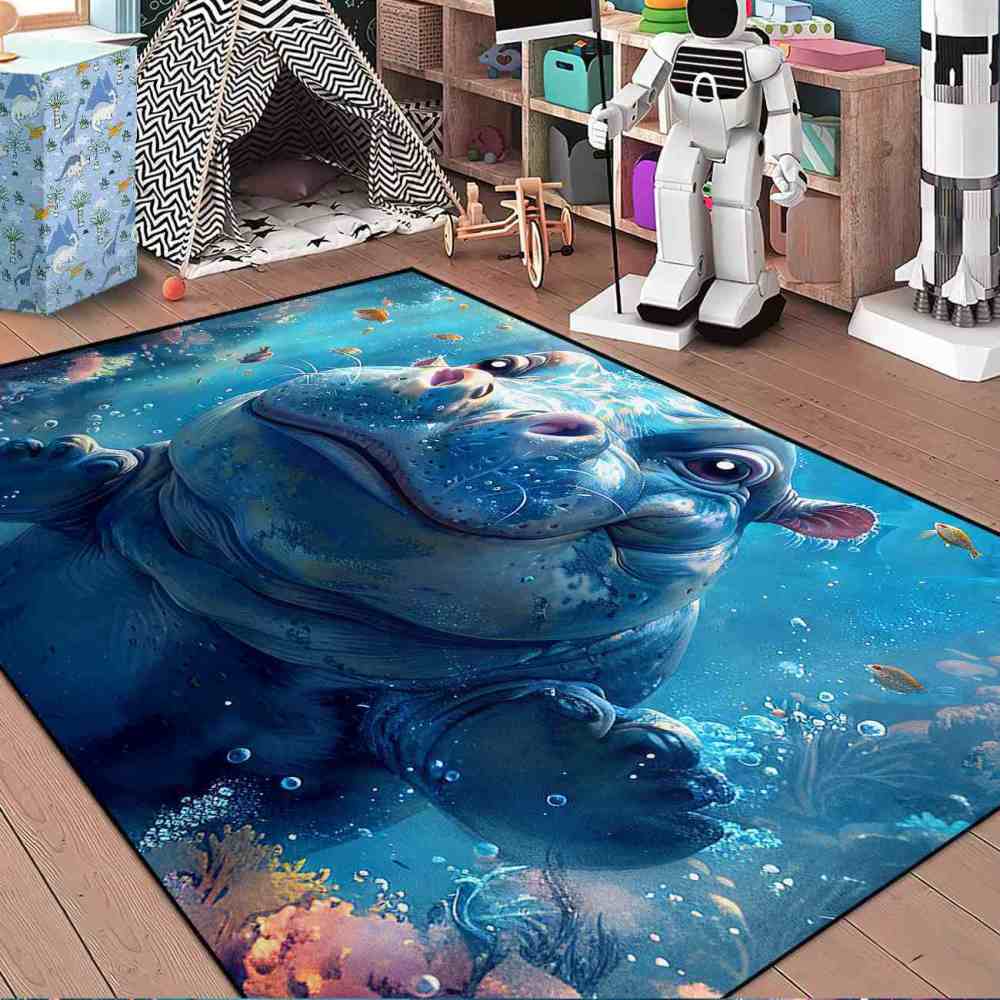 Happy Baby Hippo Underwater Reef Kids Rug | Upgrade Non-Slip | CozyLil