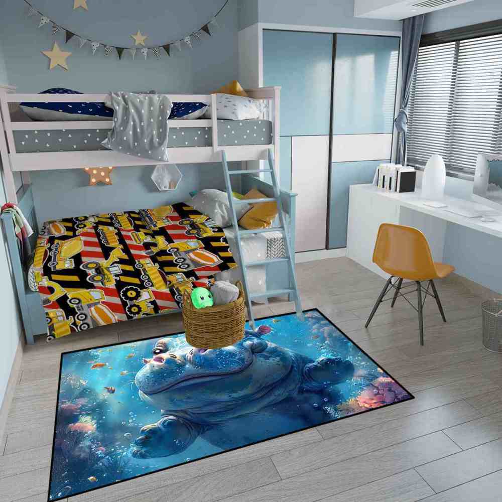 Happy Baby Hippo Underwater Reef Kids Rug | Upgrade Non-Slip | CozyLil