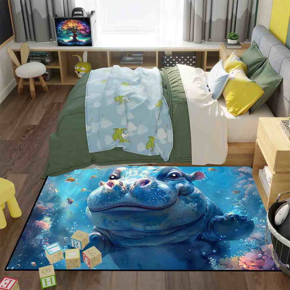 Happy Baby Hippo Underwater Reef Kids Rug | Upgrade Non-Slip | CozyLil