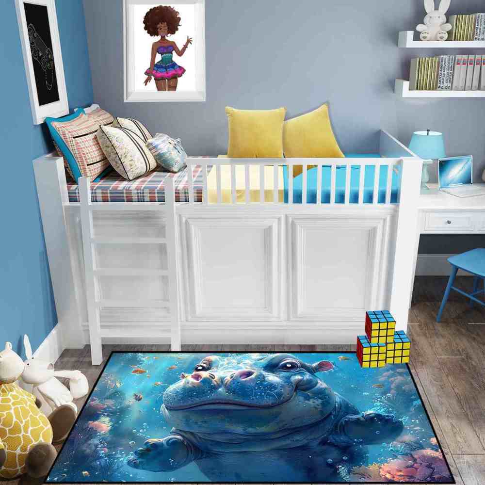 Happy Baby Hippo Underwater Reef Kids Rug | Upgrade Non-Slip | CozyLil