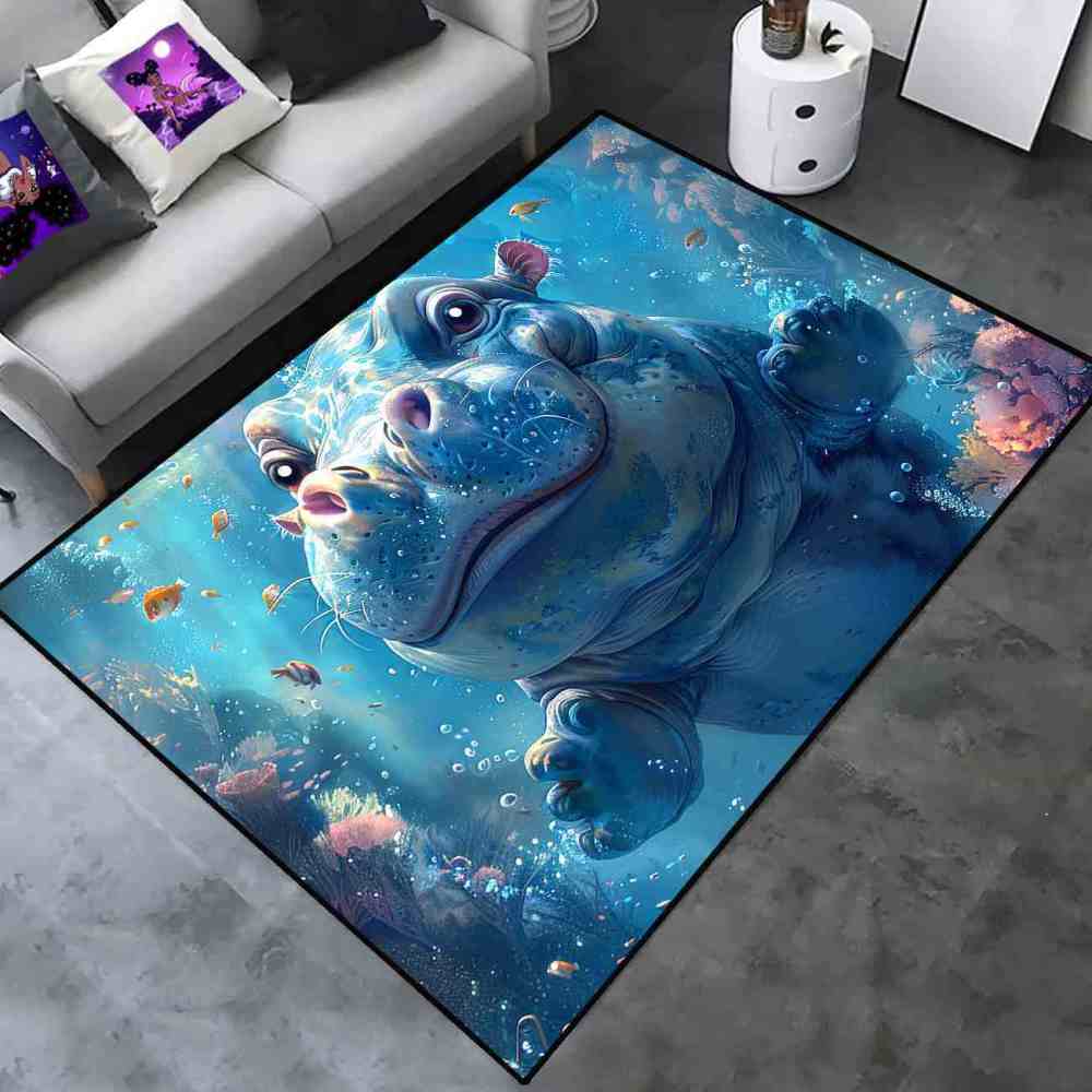 Happy Baby Hippo Underwater Reef Kids Rug | Upgrade Non-Slip | CozyLil