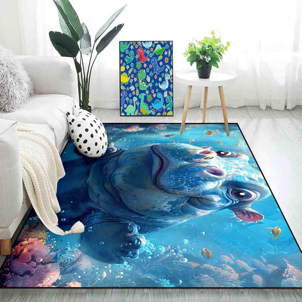 Happy Baby Hippo Underwater Reef Kids Rug | Upgrade Non-Slip | CozyLil