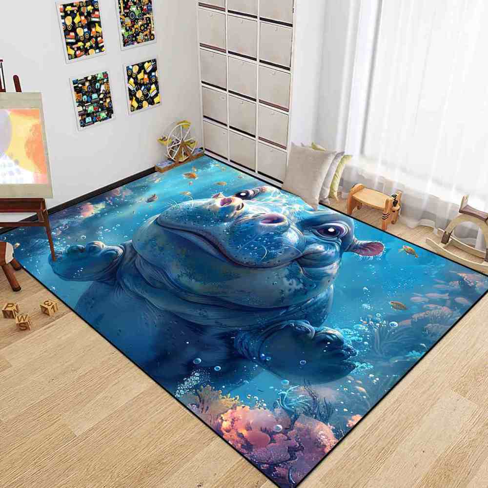 Happy Baby Hippo Underwater Reef Kids Rug | Upgrade Non-Slip | CozyLil