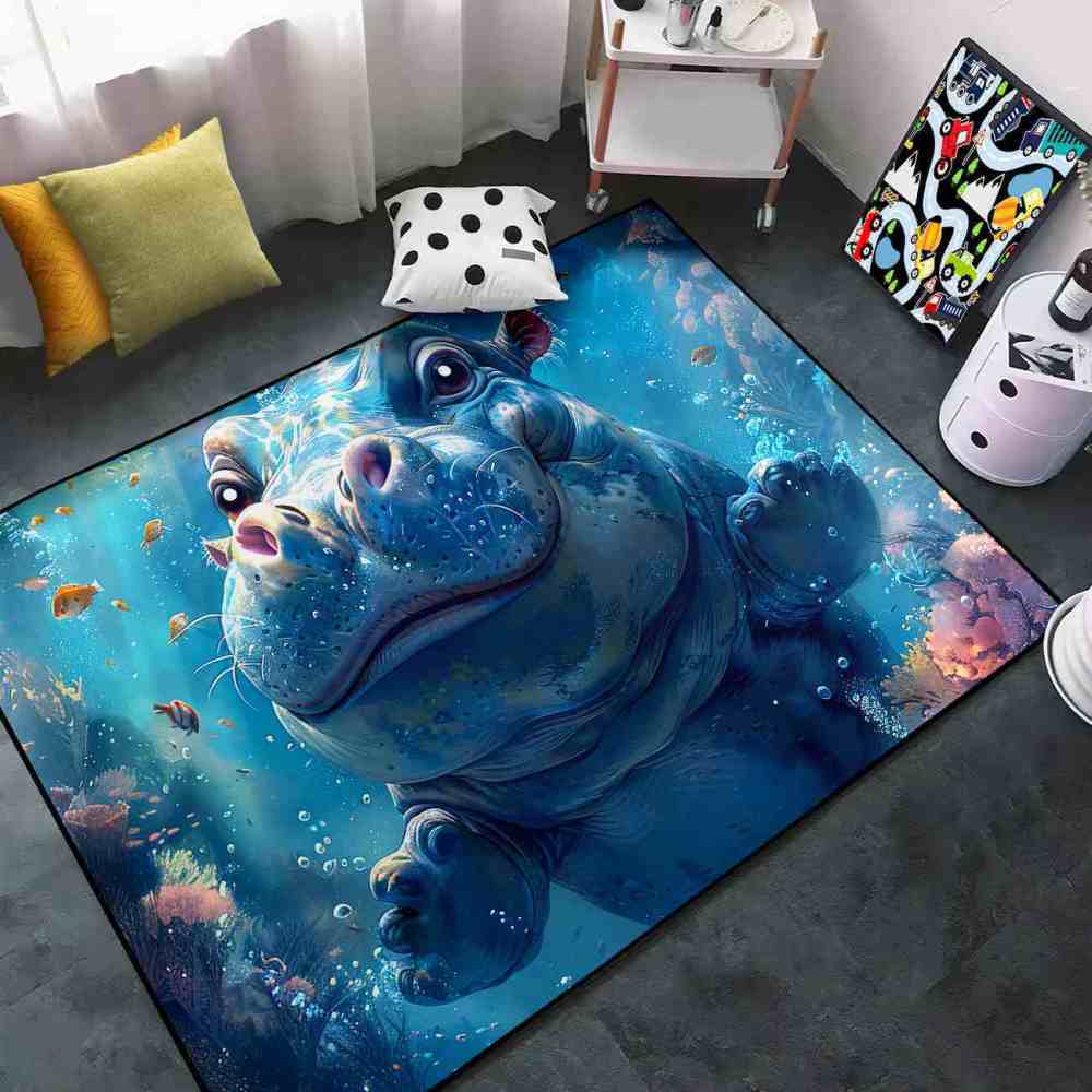 Happy Baby Hippo Underwater Reef Kids Rug | Upgrade Non-Slip | CozyLil