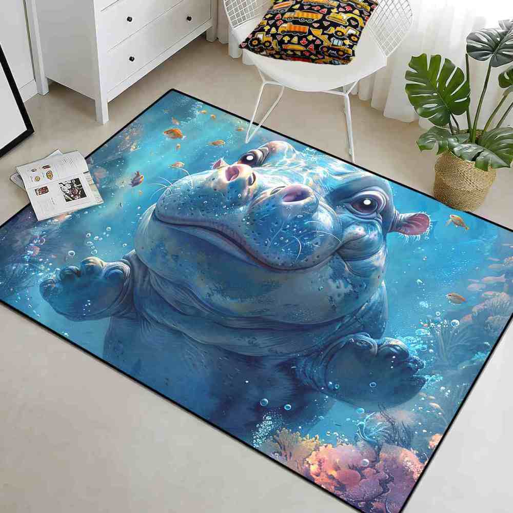 Happy Baby Hippo Underwater Reef Kids Rug | Upgrade Non-Slip | CozyLil