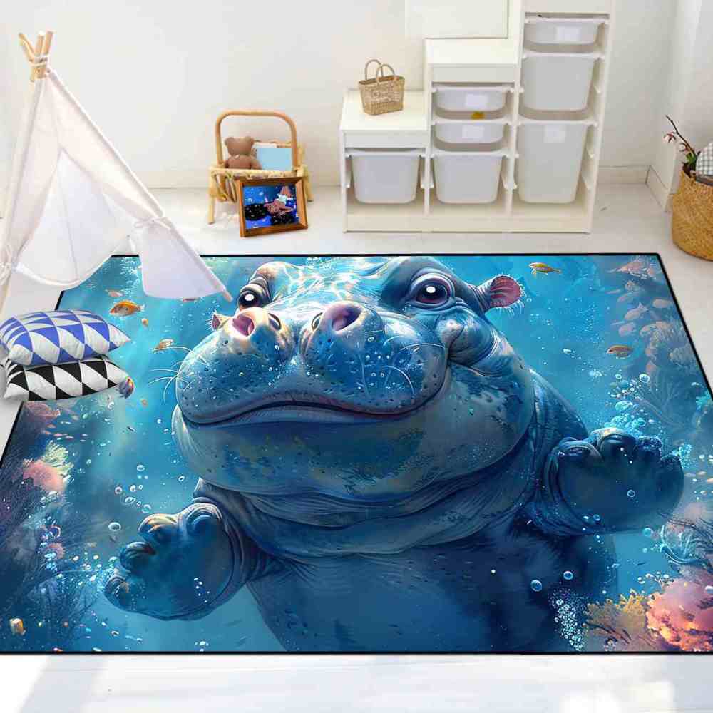 Happy Baby Hippo Underwater Reef Kids Rug | Upgrade Non-Slip | CozyLil