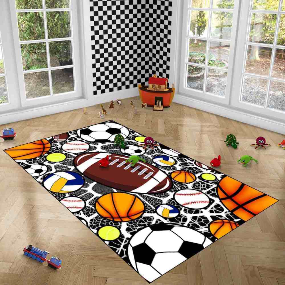 Multi Sports Balls Printed Area Rug for Boys Bedroom | CozyLil