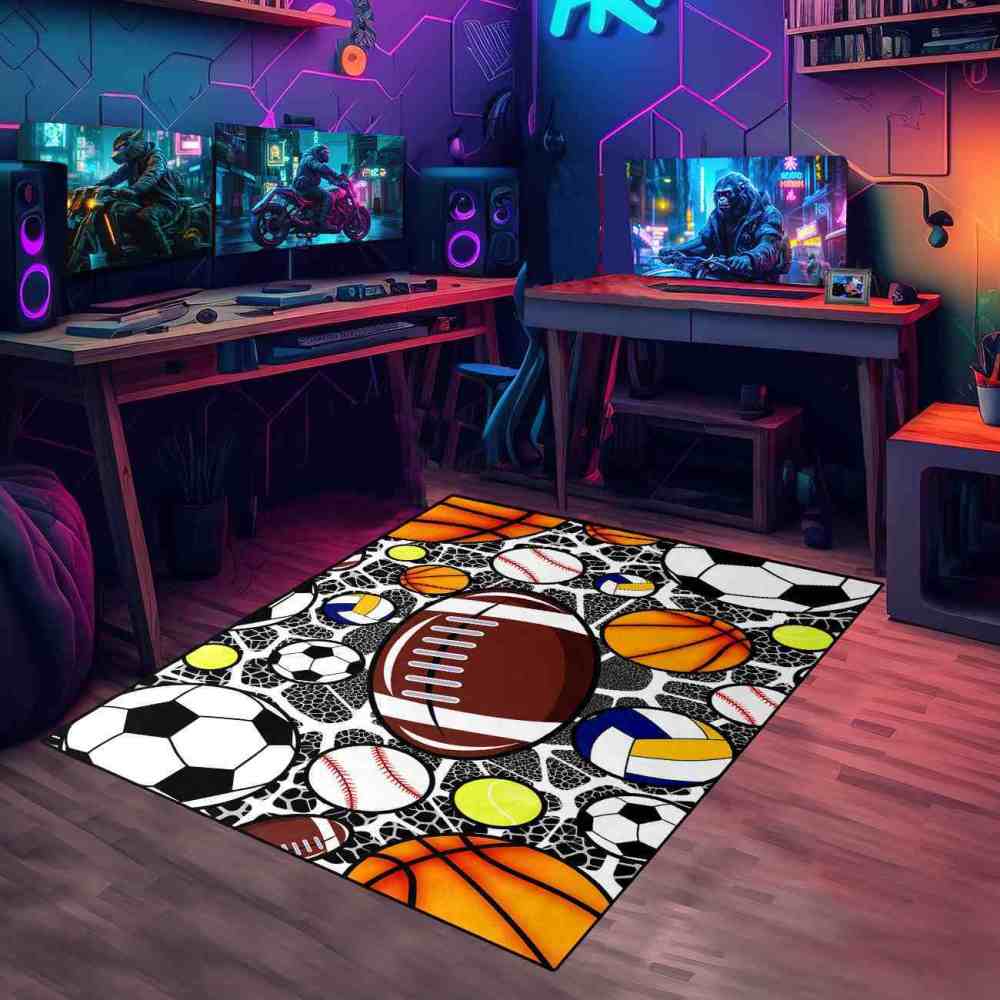 Multi Sports Balls Printed Area Rug for Boys Bedroom | CozyLil
