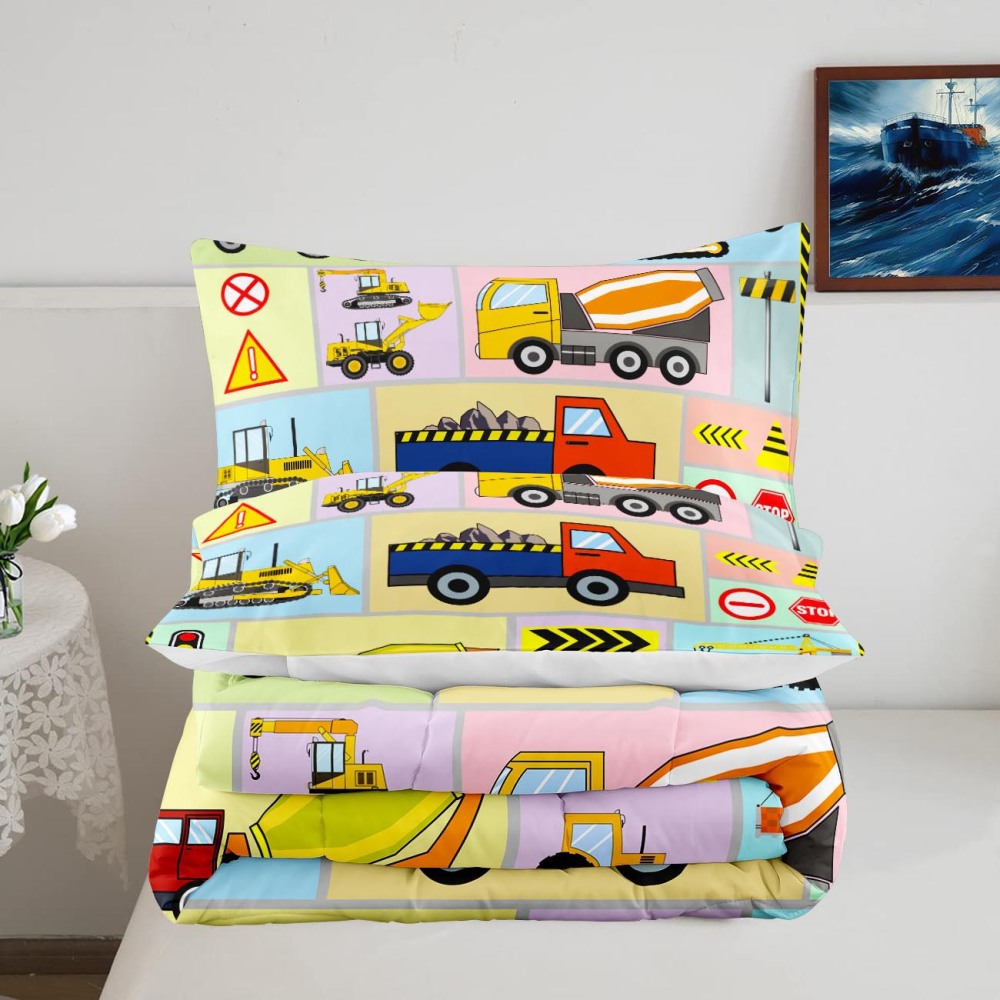 Pastel Color Block Construction Vehicles Kids Comforter Set | CozyLil