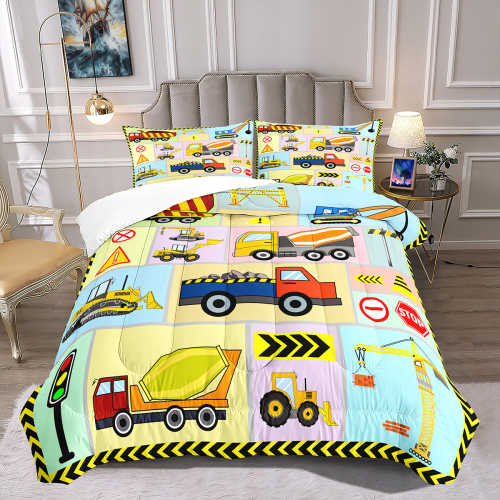 Pastel Color Block Construction Vehicles Kids Comforter Set | CozyLil