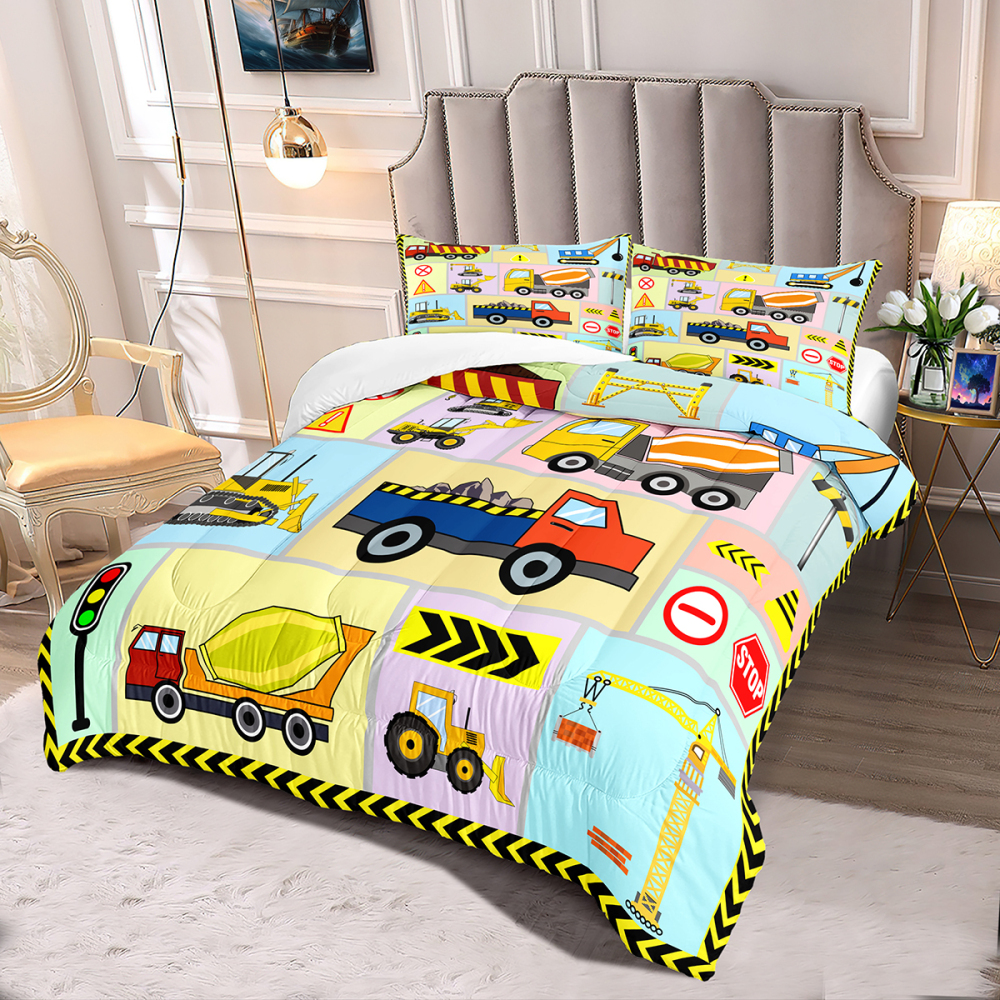 Pastel Color Block Construction Vehicles Kids Comforter Set | CozyLil
