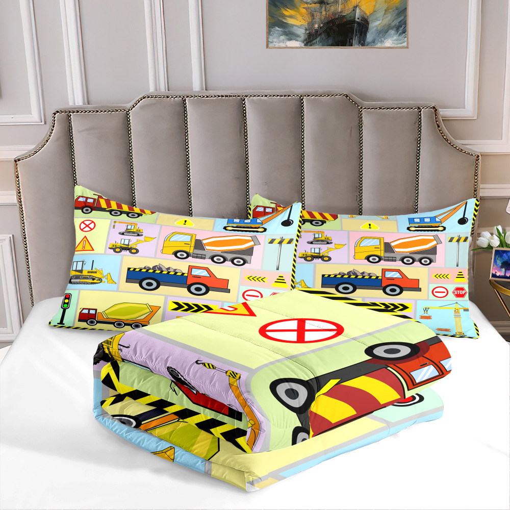 Pastel Color Block Construction Vehicles Kids Comforter Set | CozyLil