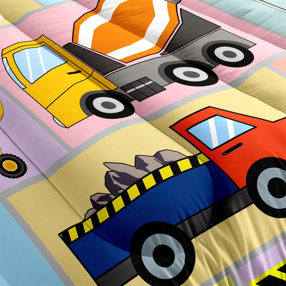 Pastel Color Block Construction Vehicles Kids Comforter Set | CozyLil