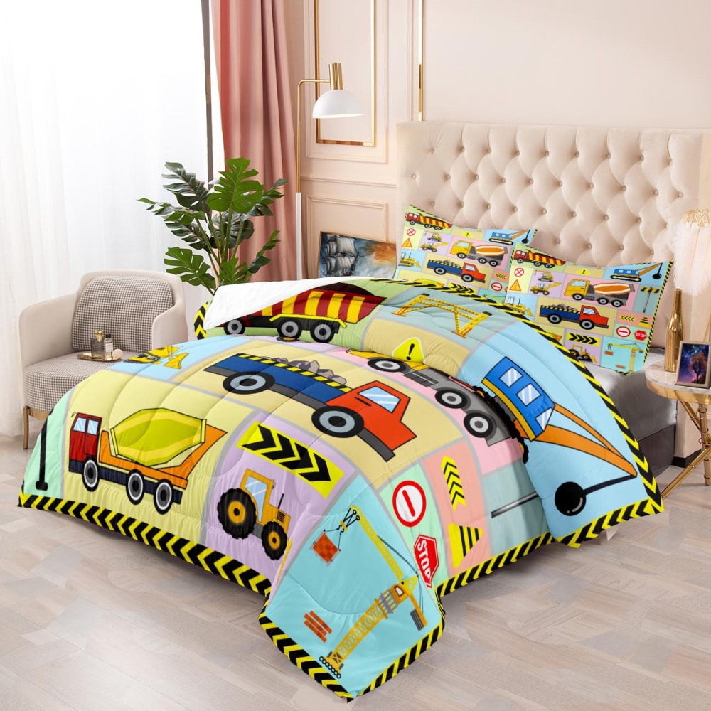 Pastel Color Block Construction Vehicles Kids Comforter Set | CozyLil