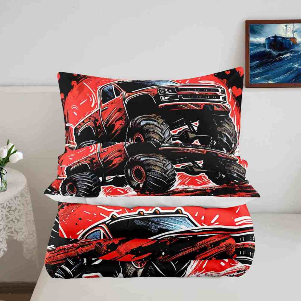 Red Monster Truck Racing Bedding Set Boys Room Decor | CozyLil