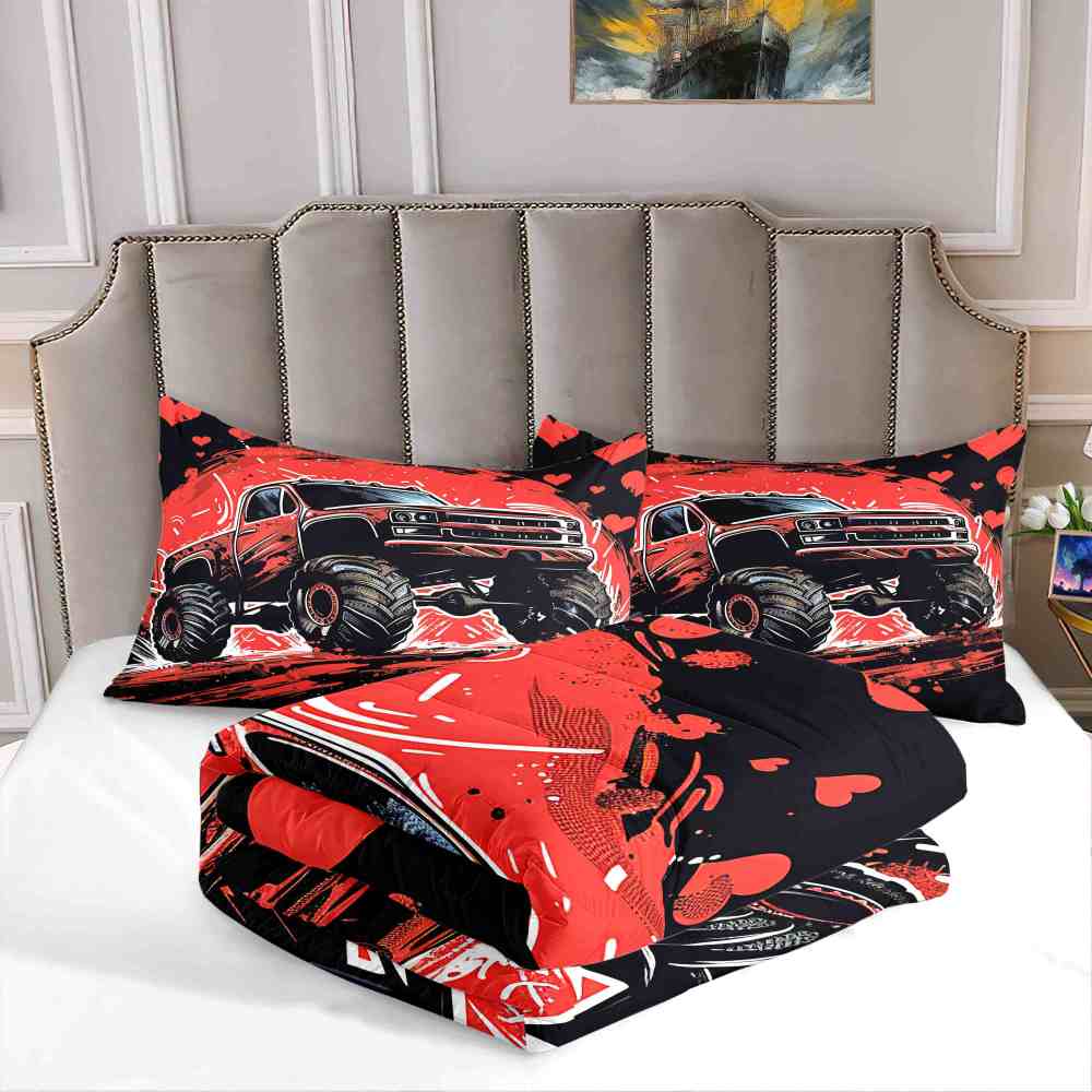 Red Monster Truck Racing Bedding Set Boys Room Decor | CozyLil