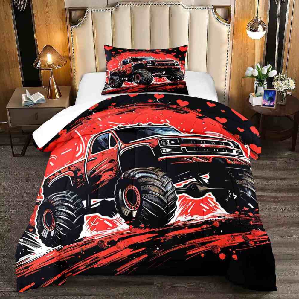 Red Monster Truck Racing Bedding Set Boys Room Decor | CozyLil