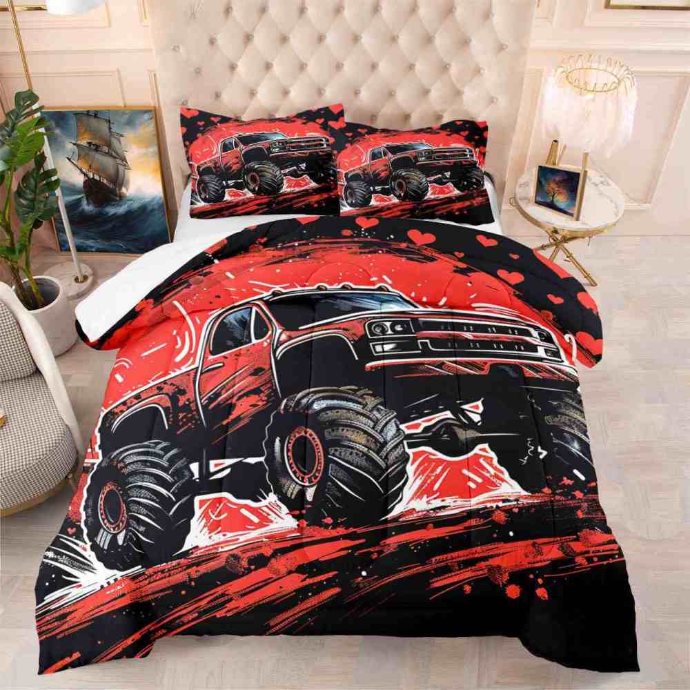 Red Monster Truck Racing Bedding Set Boys Room Decor | CozyLil