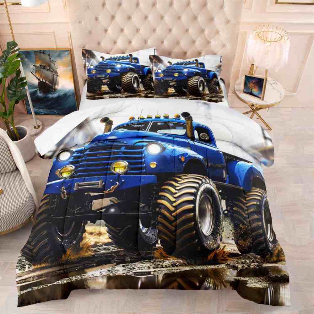 Extreme Blue Dirt Truck Huge Tires Boys Bedding Set | CozyLil