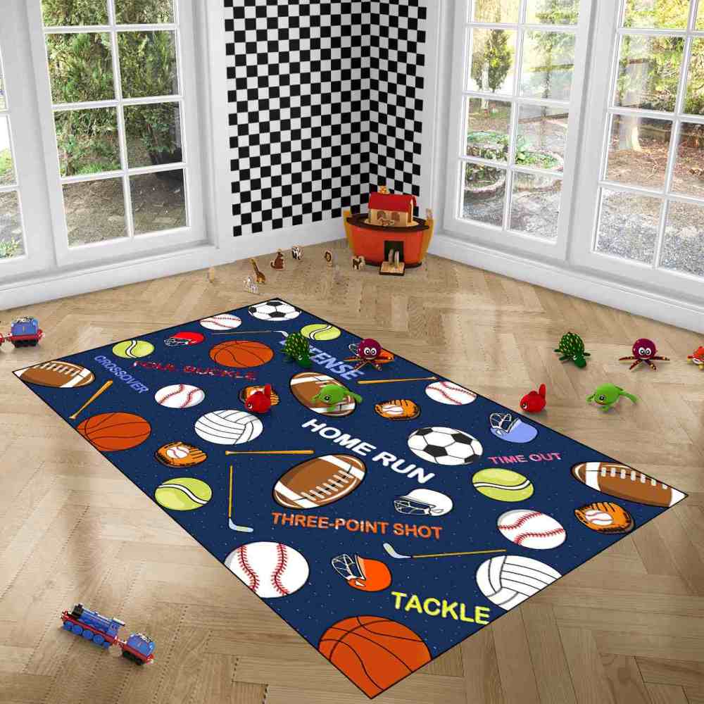 Multi-Sport Graphics Boys Playroom Rug | Upgrade Ultra Non-Slip | CozyLil