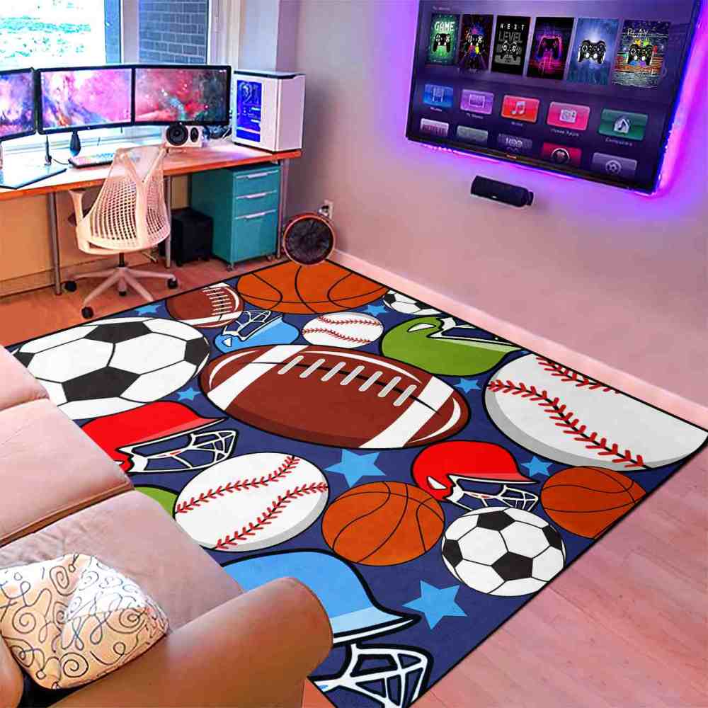 Colorful Sports Equipment Collage Kids Area Rug | Non-Slip | CozyLil