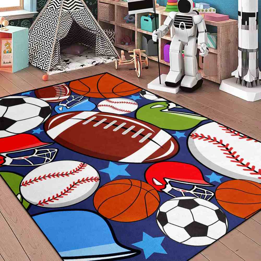 Colorful Sports Equipment Collage Kids Area Rug | Non-Slip | CozyLil