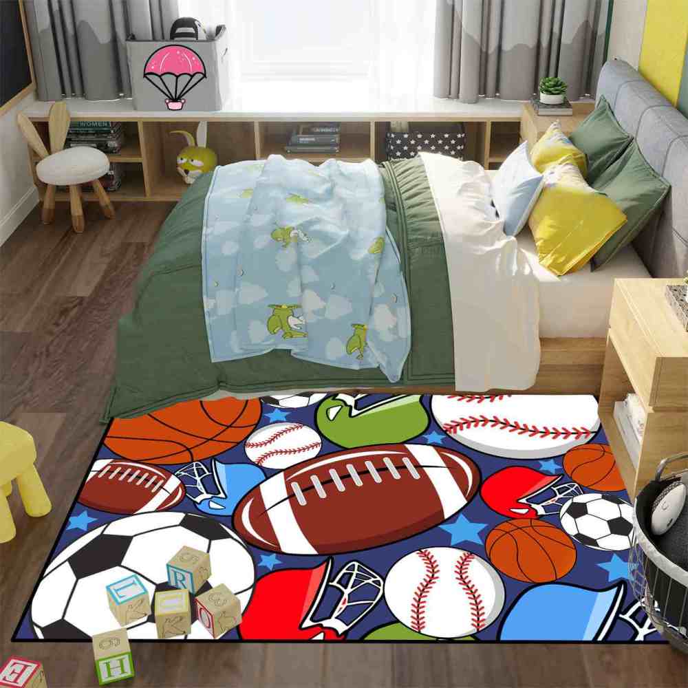 Colorful Sports Equipment Collage Kids Area Rug | Non-Slip | CozyLil