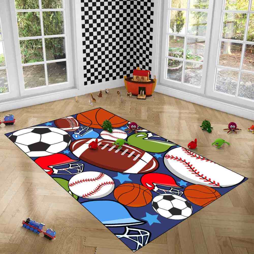 Colorful Sports Equipment Collage Kids Area Rug | Non-Slip | CozyLil