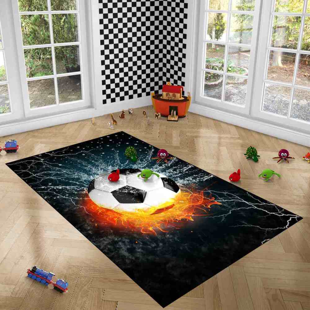 Flaming Soccer Ball Water Splash Rug | Non-Slip Backing | CozyLil