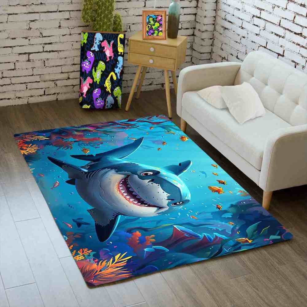 Happy Blue Shark Ocean Reef Kids Playroom Rug | CozyLil