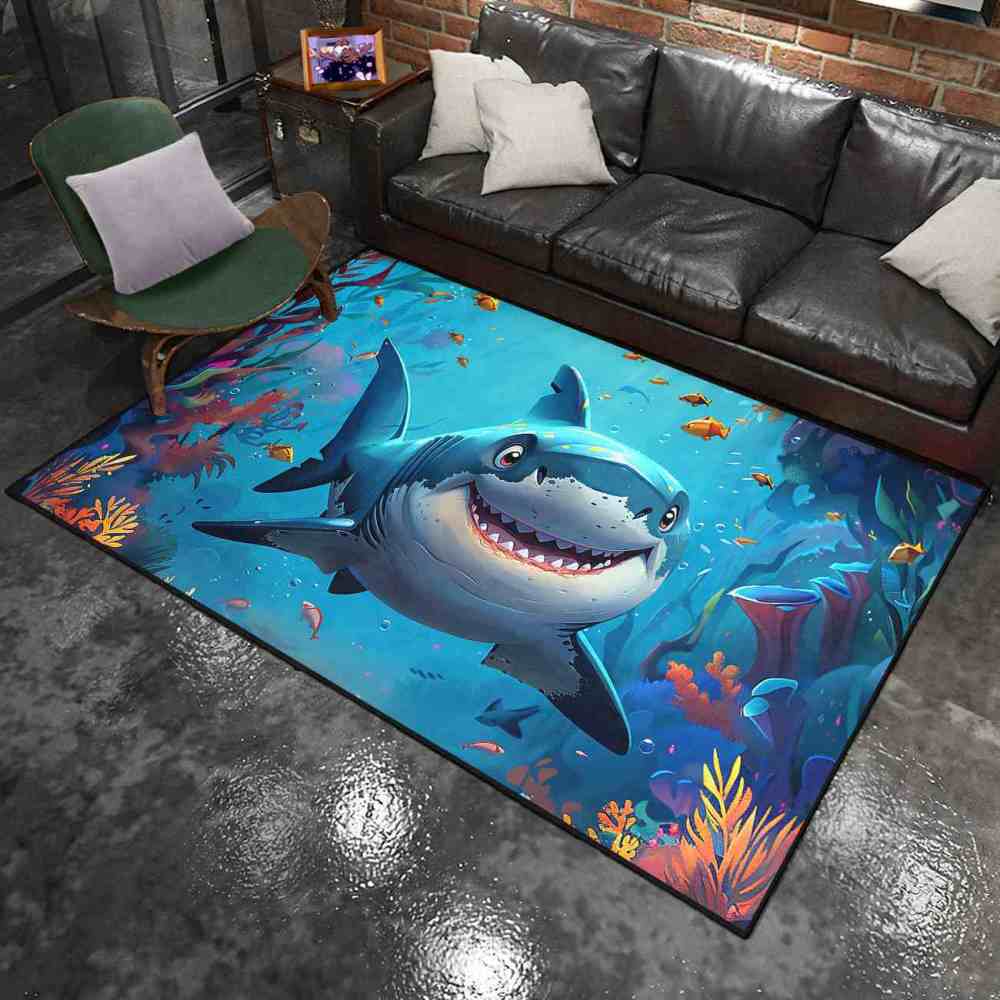 Happy Blue Shark Ocean Reef Kids Playroom Rug | CozyLil