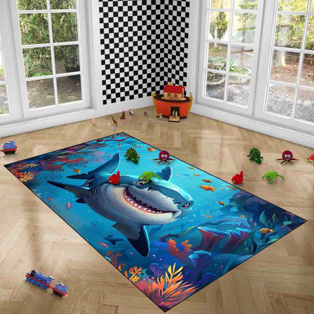 Happy Blue Shark Ocean Reef Kids Playroom Rug | CozyLil