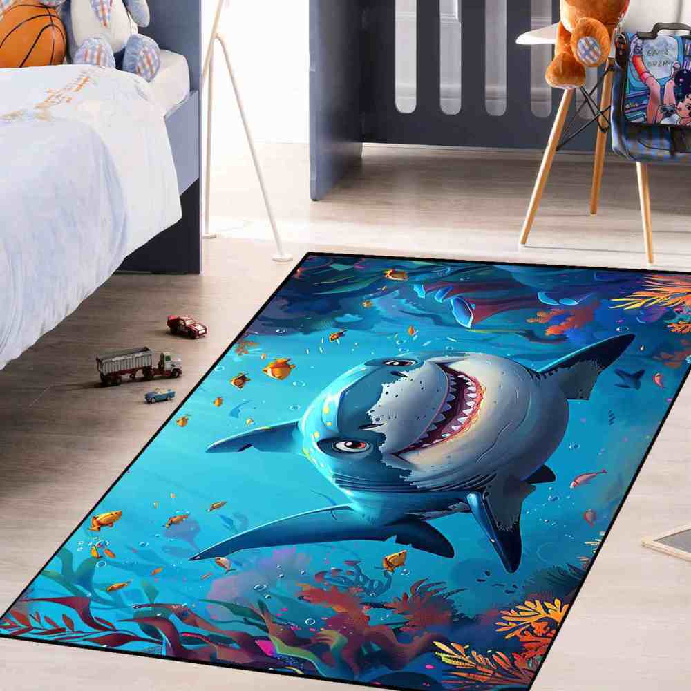 Happy Blue Shark Ocean Reef Kids Playroom Rug | CozyLil