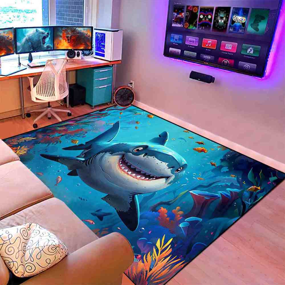 Happy Blue Shark Ocean Reef Kids Playroom Rug | CozyLil