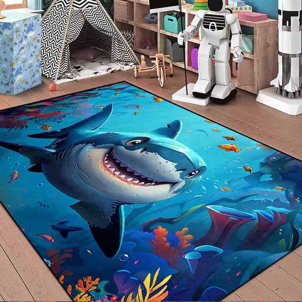 Happy Blue Shark Ocean Reef Kids Playroom Rug | CozyLil