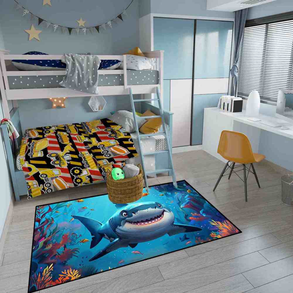 Happy Blue Shark Ocean Reef Kids Playroom Rug | CozyLil