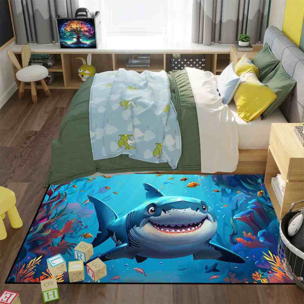 Happy Blue Shark Ocean Reef Kids Playroom Rug | CozyLil