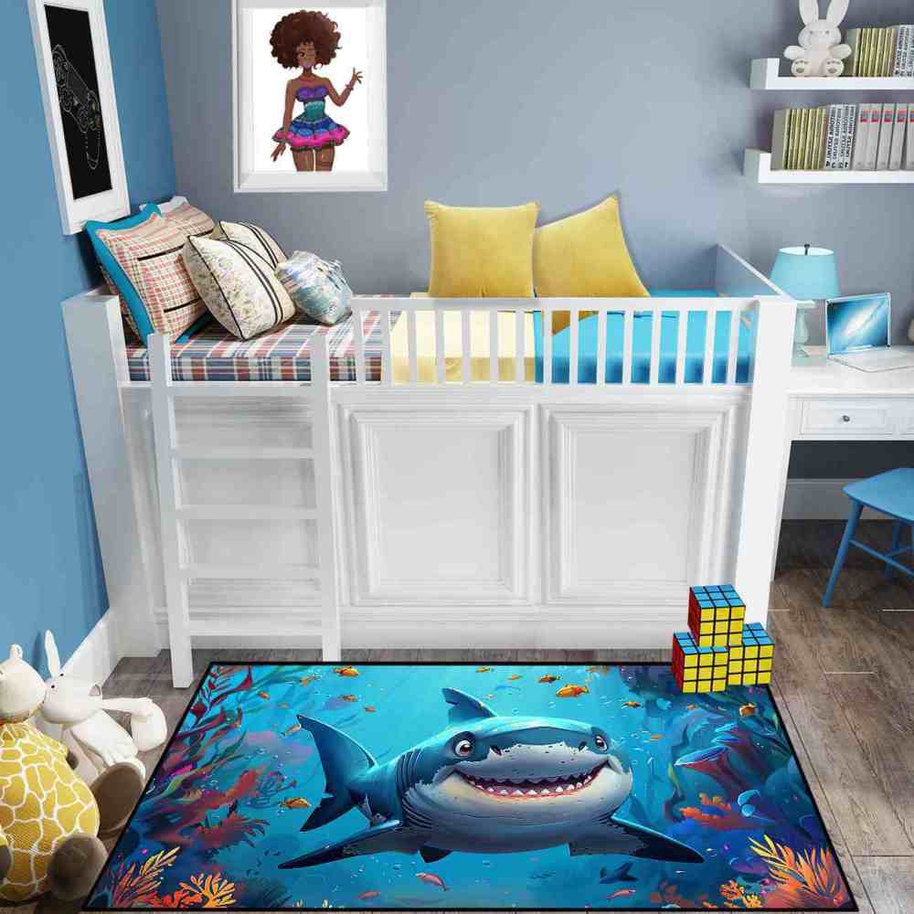Happy Blue Shark Ocean Reef Kids Playroom Rug | CozyLil