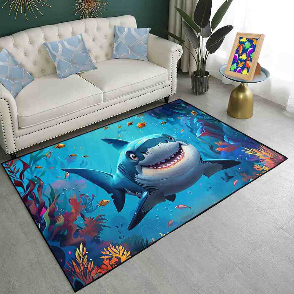 Happy Blue Shark Ocean Reef Kids Playroom Rug | CozyLil
