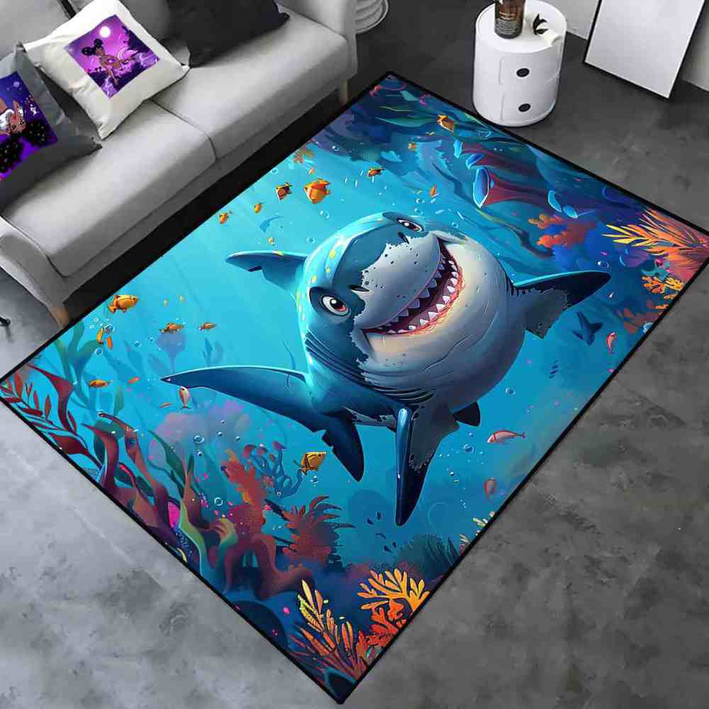 Happy Blue Shark Ocean Reef Kids Playroom Rug | CozyLil